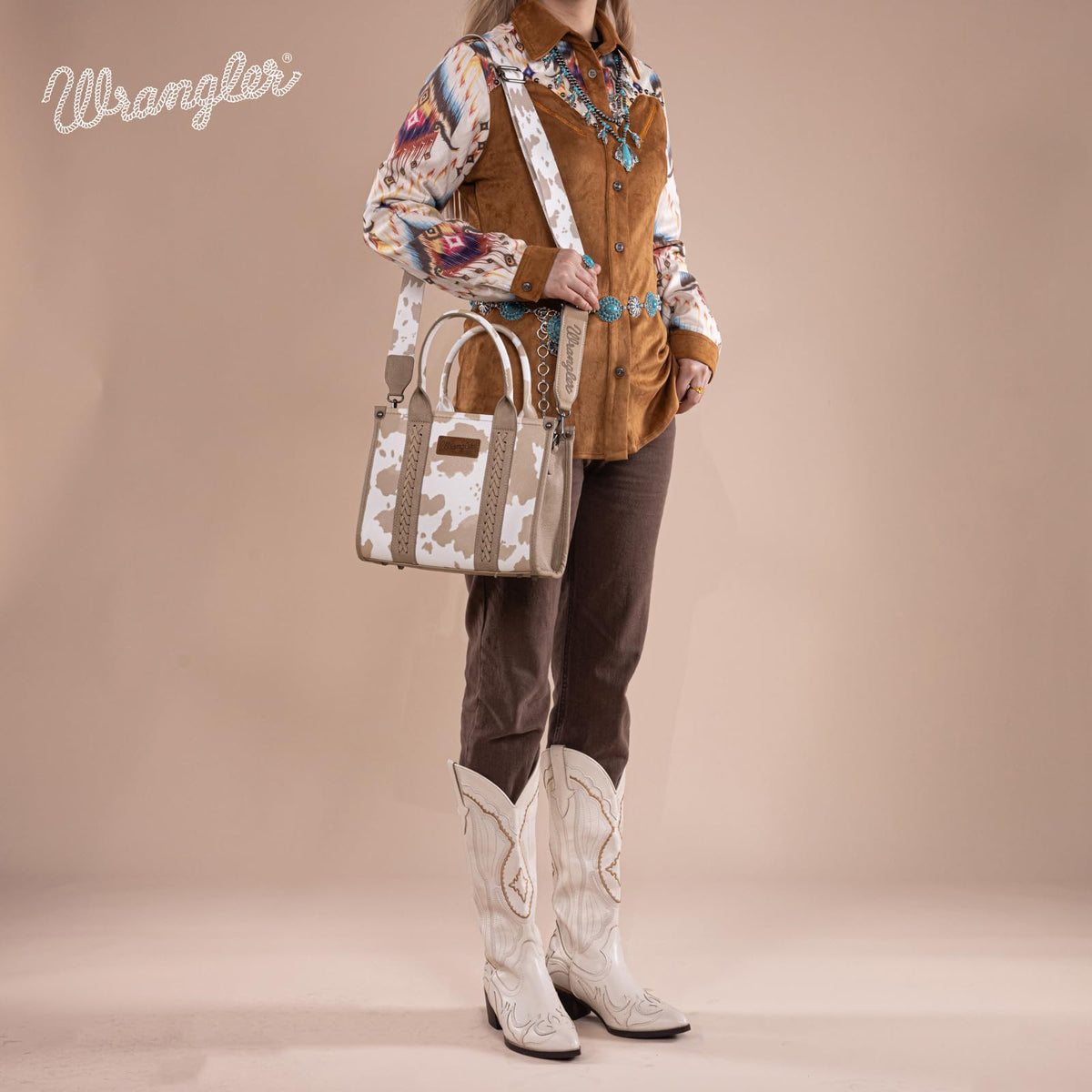 Wrangler Cow Print Tote Bag for Women Western Purse Boho Top Handle Satchel Handbag with Signature Strap