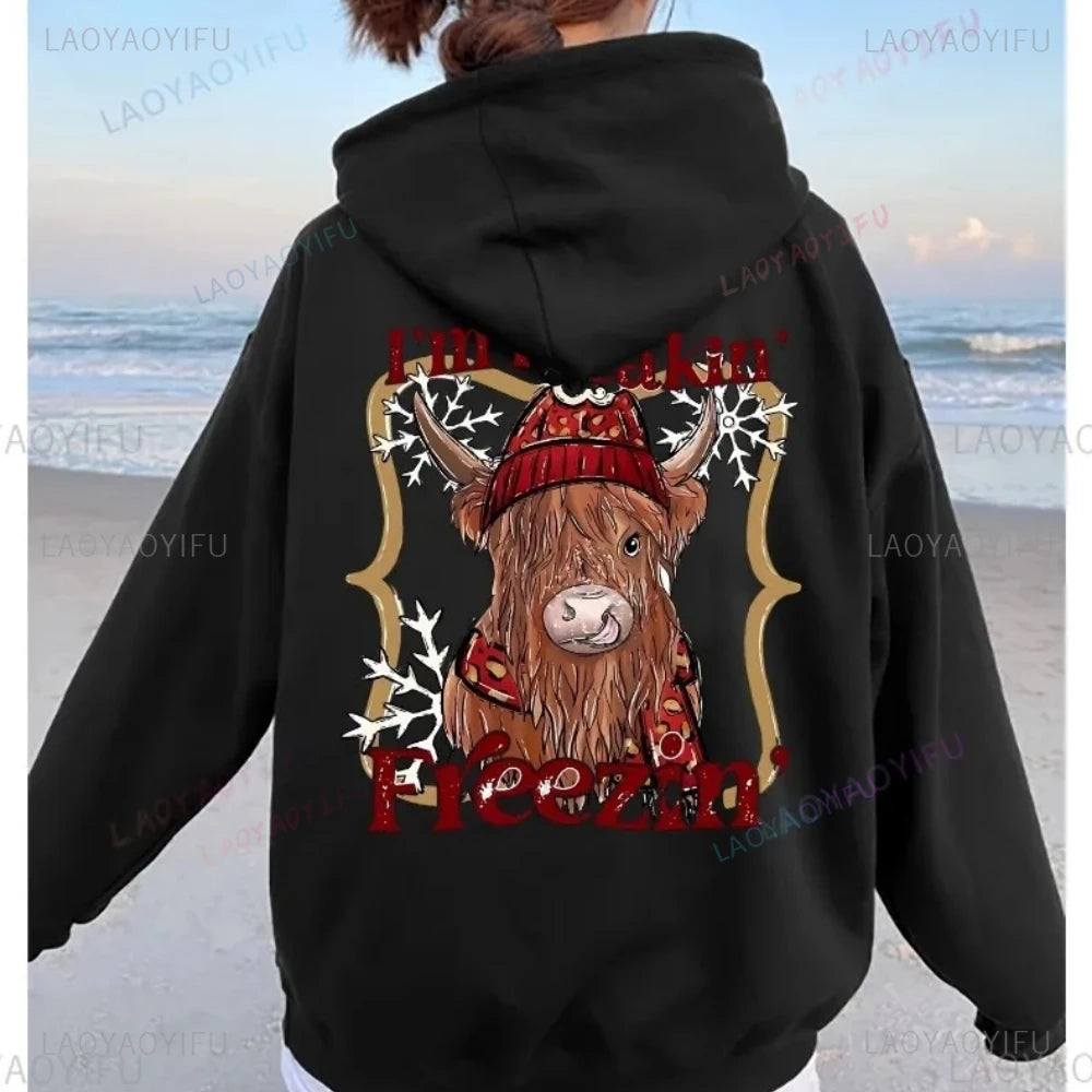 • : Highland Cow Print Hoodie for Women – Alphabet & Animal Pattern Sweatshirt with Pocket
