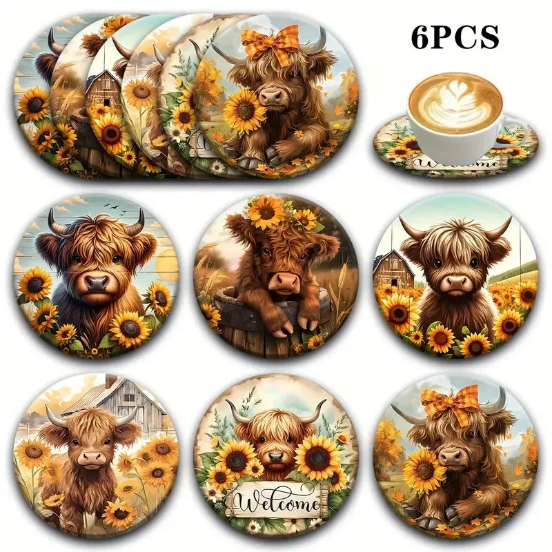 Painted Cartoon Cow Wooden Coasters (6-Piece Set)