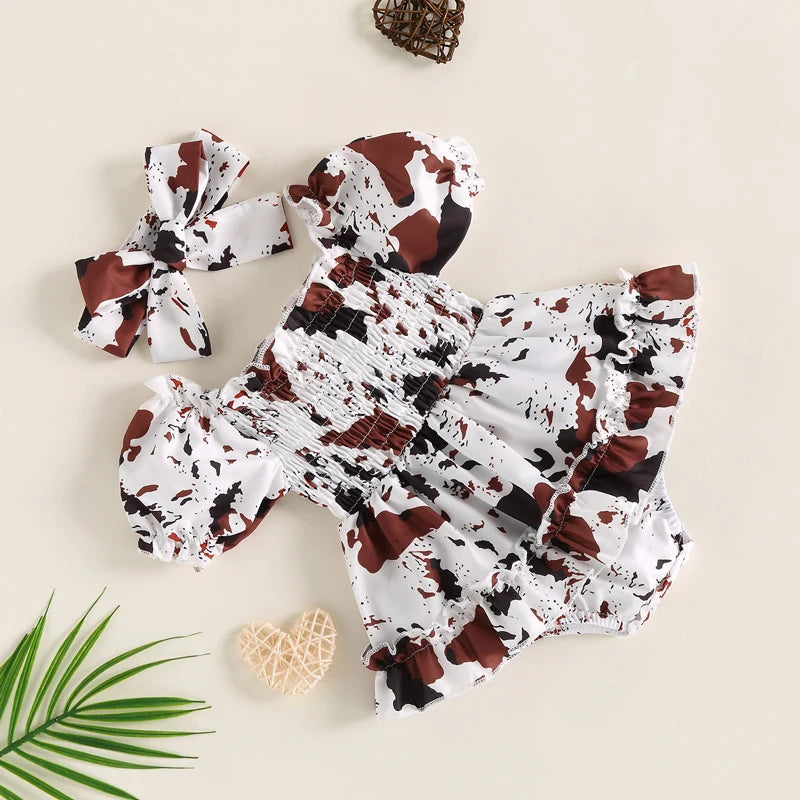 FOCUSNORM Toddler Girls Cow Print Off-Shoulder Romper Dress Set with Headband