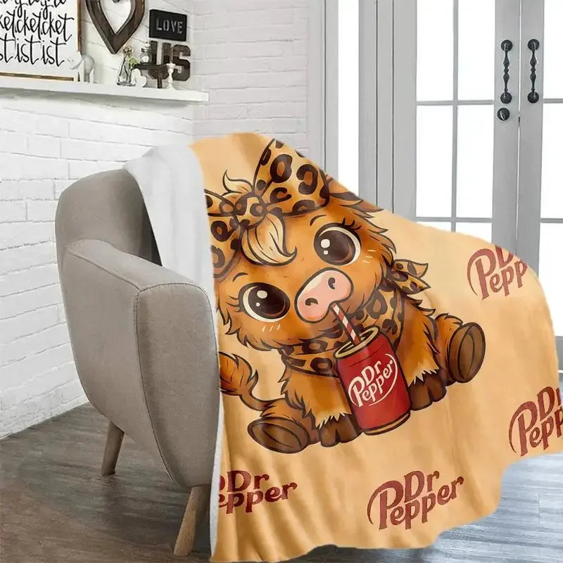 VIKAMA Dr Pepper Highland Cow Flannel Blanket | Cozy Warm Throw