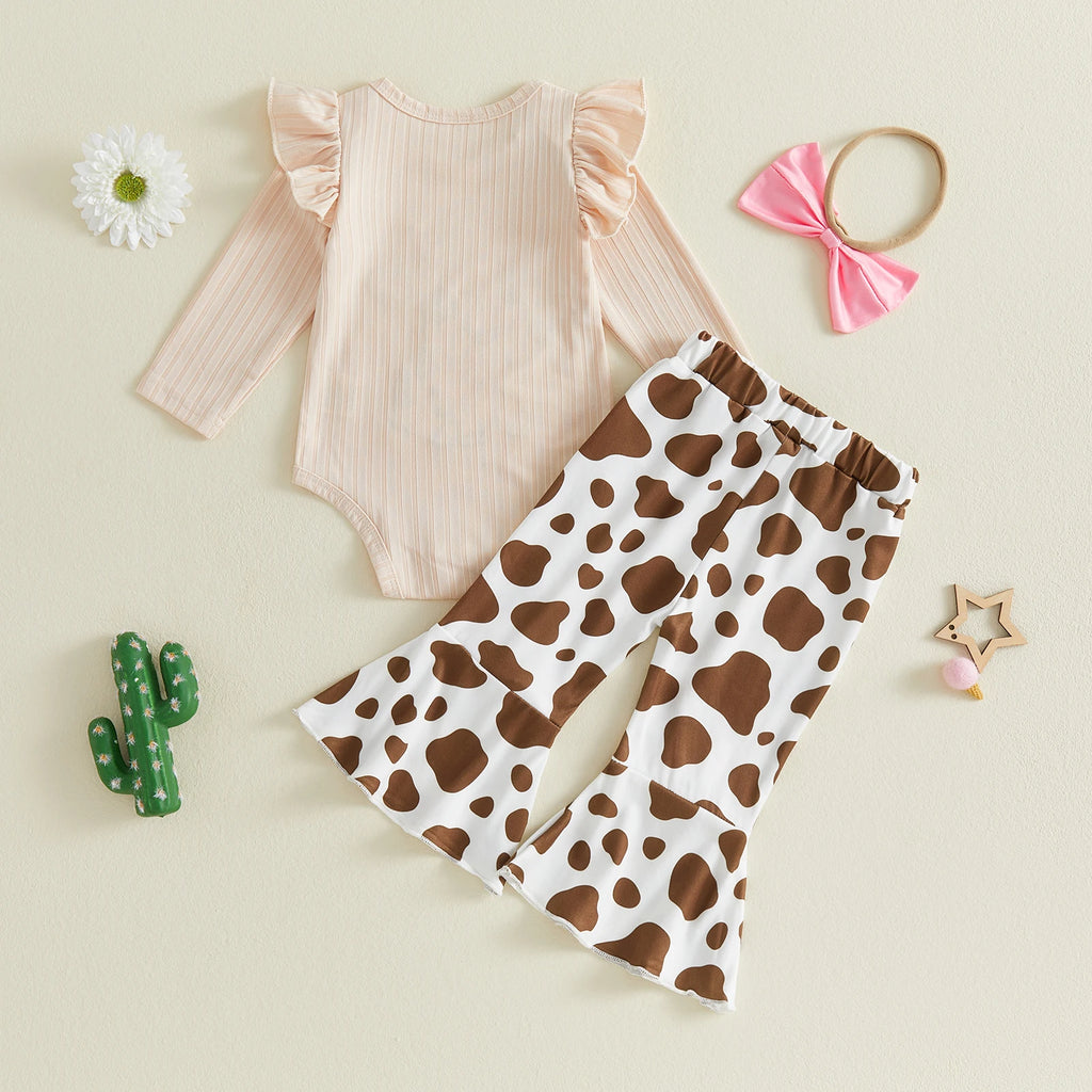 Baby Girls Western 3-Piece Outfit | Cow Embroidered Romper, Flare Pants & Headband Set