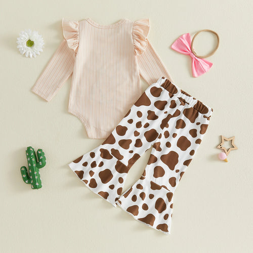 Baby Girls Western 3-Piece Outfit | Cow Embroidered Romper, Flare Pants & Headband Set