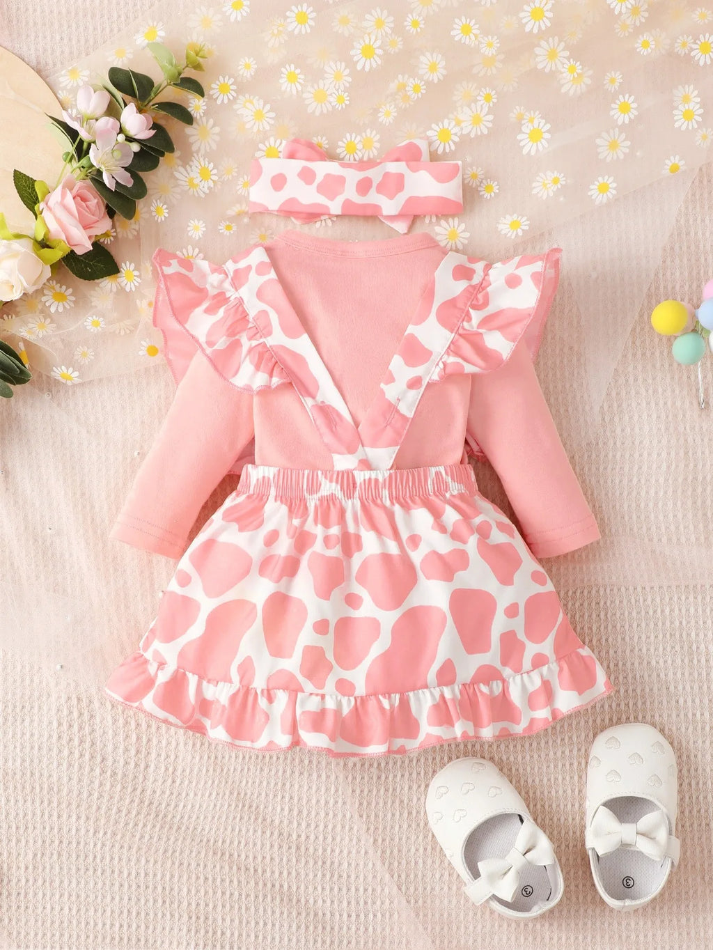 Baby Girl Cow Print Overall Dress Set - 3-Piece Outfit