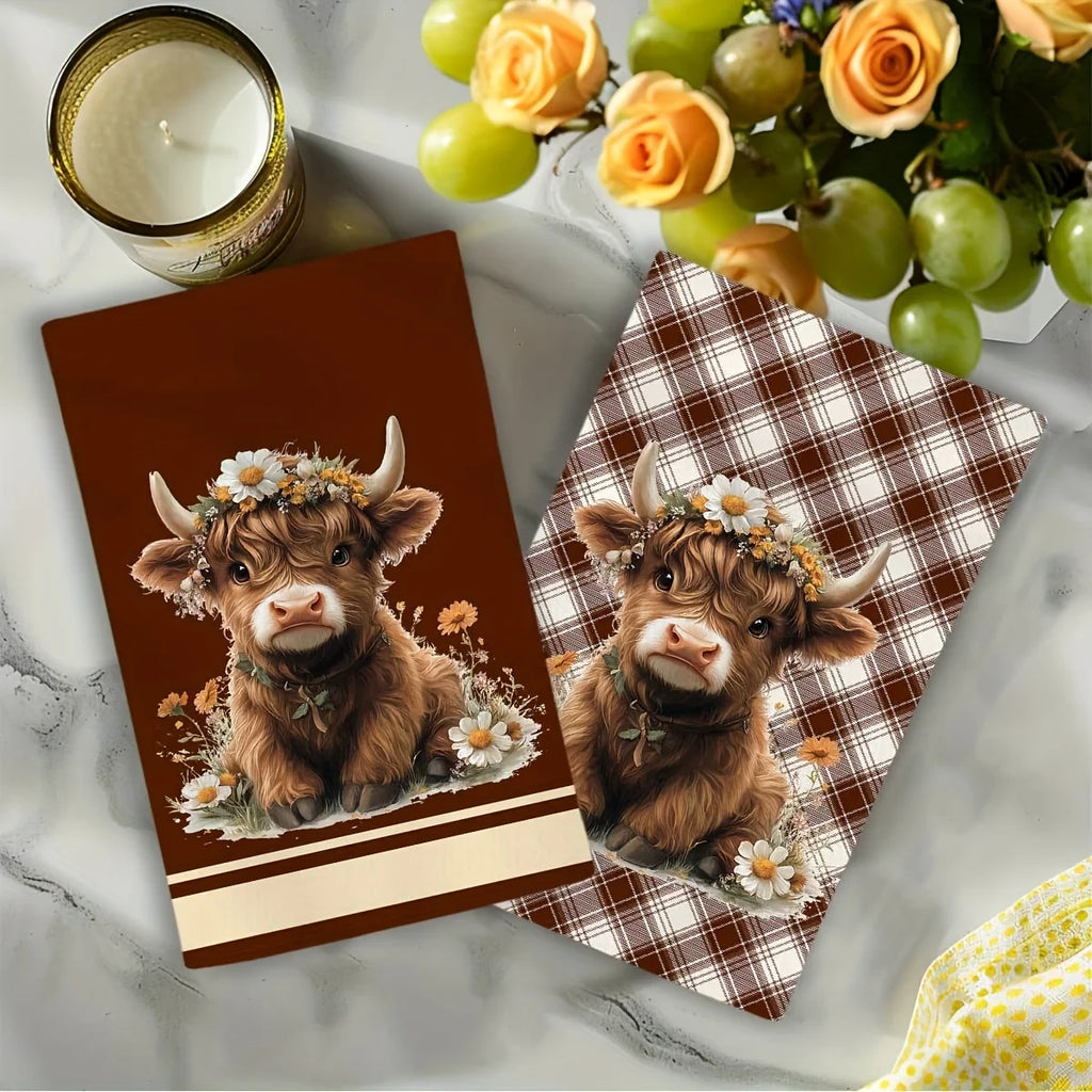 Highland Cow Brown Plaid Kitchen Towels (2-Piece Set)