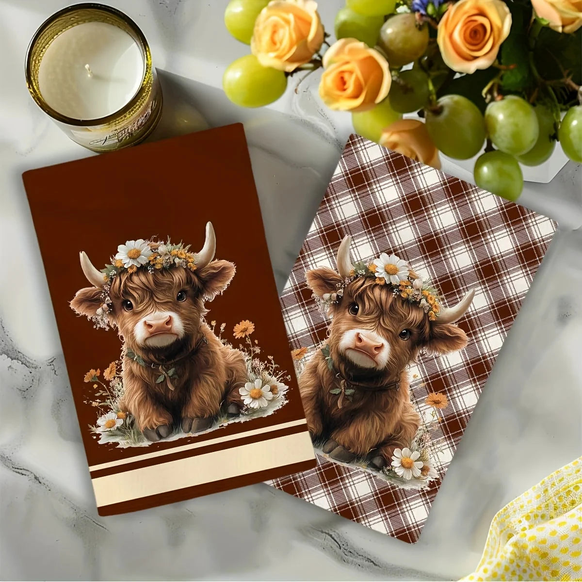 Highland Cow Brown Plaid Kitchen Towels (2-Piece Set)