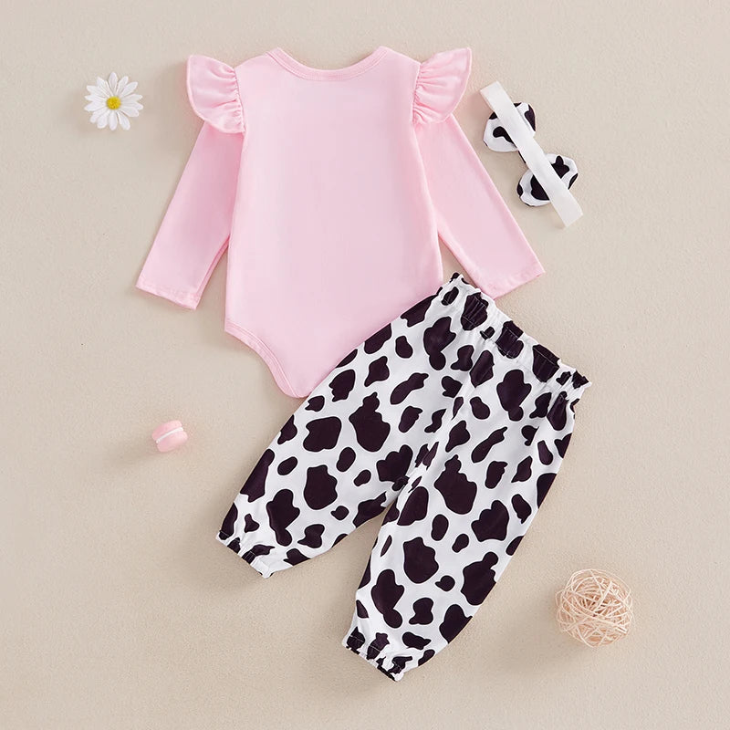 Baby Girls Fall Western Cow Embroidery Romper & Pants Set with Headband