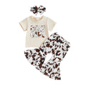 Baby Girl Cow Print Short Sleeve Top & Flare Pants Set with Headband