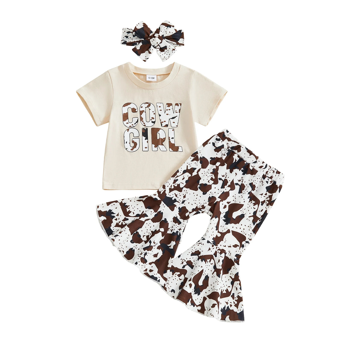 Baby Girl Cow Print Short Sleeve Top & Flare Pants Set with Headband