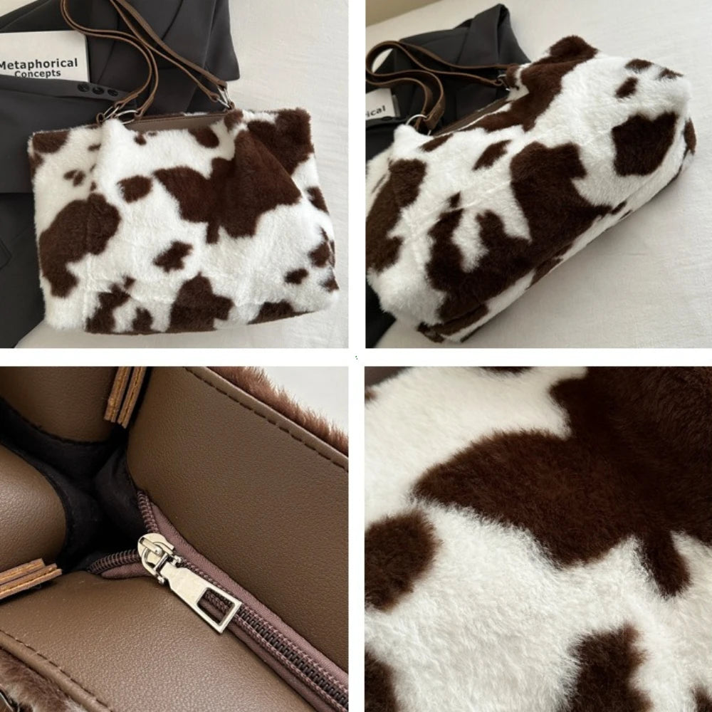 Plush Cow Print Large Capacity Tote Bag | Winter Travel Shoulder Bag