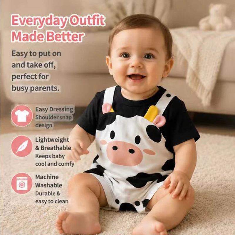 Unisex Baby Cow Horn Print Suspender Romper (0-18M)