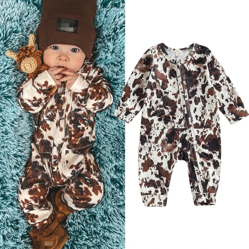 FOCUSNORM Unisex Baby Western Cow Print Long-Sleeve Zipper Jumpsuit (0-18M)