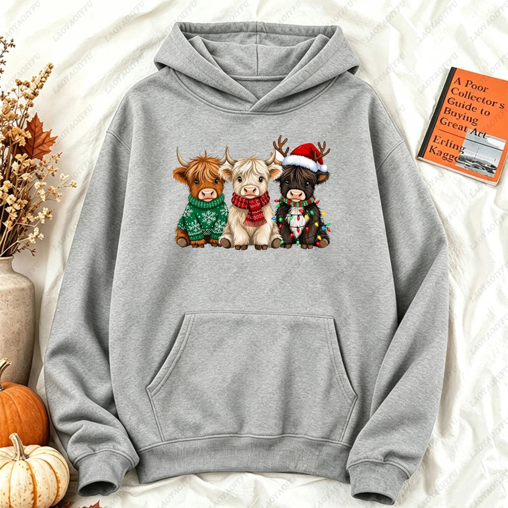 Cute Highland Cow Christmas Hoodie - Winter Holiday Pullover