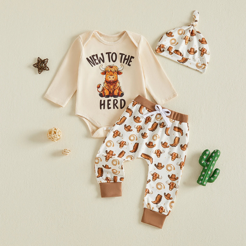 Baby Boy Letter Romper & Cow Print Pants Set with Matching Hat