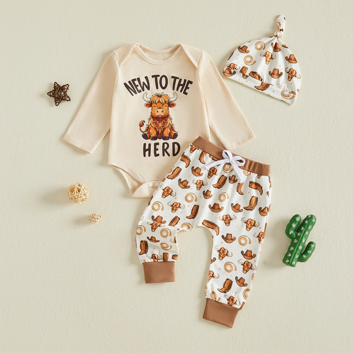 Baby Boy Letter Romper & Cow Print Pants Set with Matching Hat
