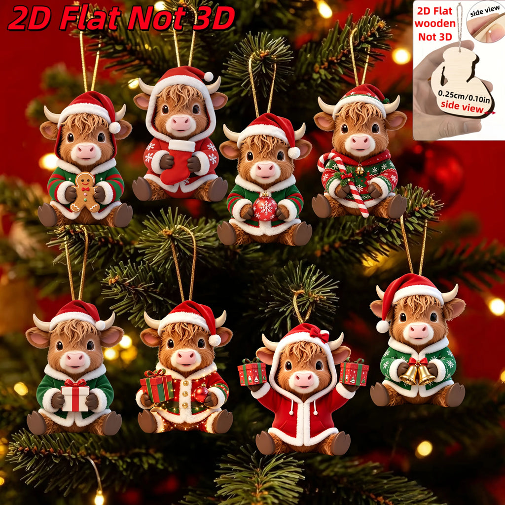 Hand-Painted Highland Cow Wooden Ornaments (8-Piece Set)