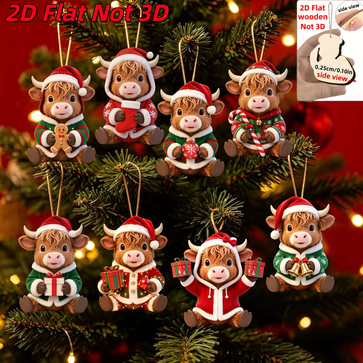 Hand-Painted Highland Cow Wooden Ornaments (8-Piece Set)