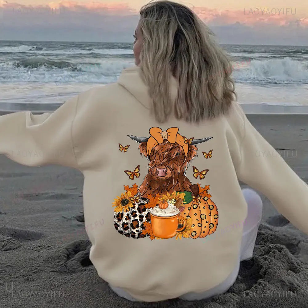 • : Highland Cow Print Hoodie for Women – Alphabet & Animal Pattern Sweatshirt with Pocket