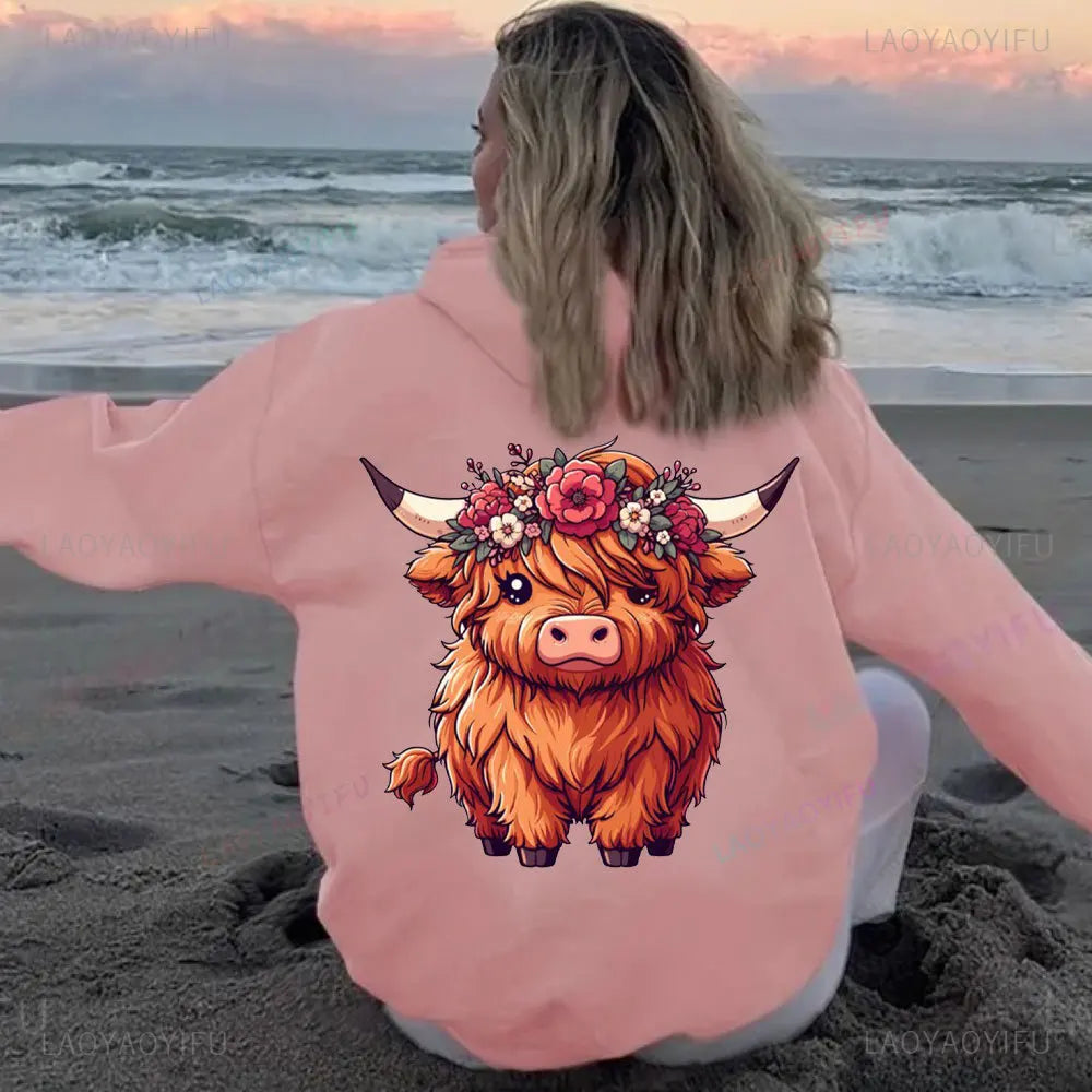 • : Highland Cow Print Hoodie for Women – Alphabet & Animal Pattern Sweatshirt with Pocket