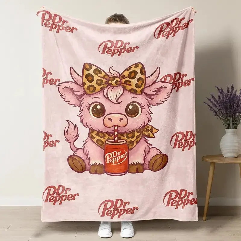 VIKAMA Dr Pepper Highland Cow Flannel Blanket | Cozy Warm Throw