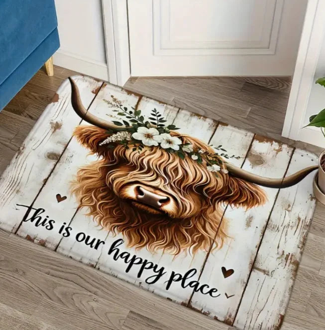 Enchanting Highland Cow Floral Welcome Mat