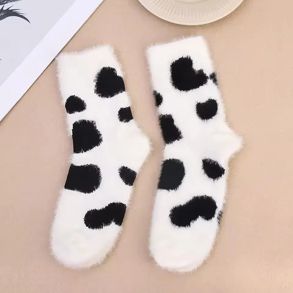 Cute Cartoon Cow Mink Velvet Socks – Soft Plush Winter Sleep Socks