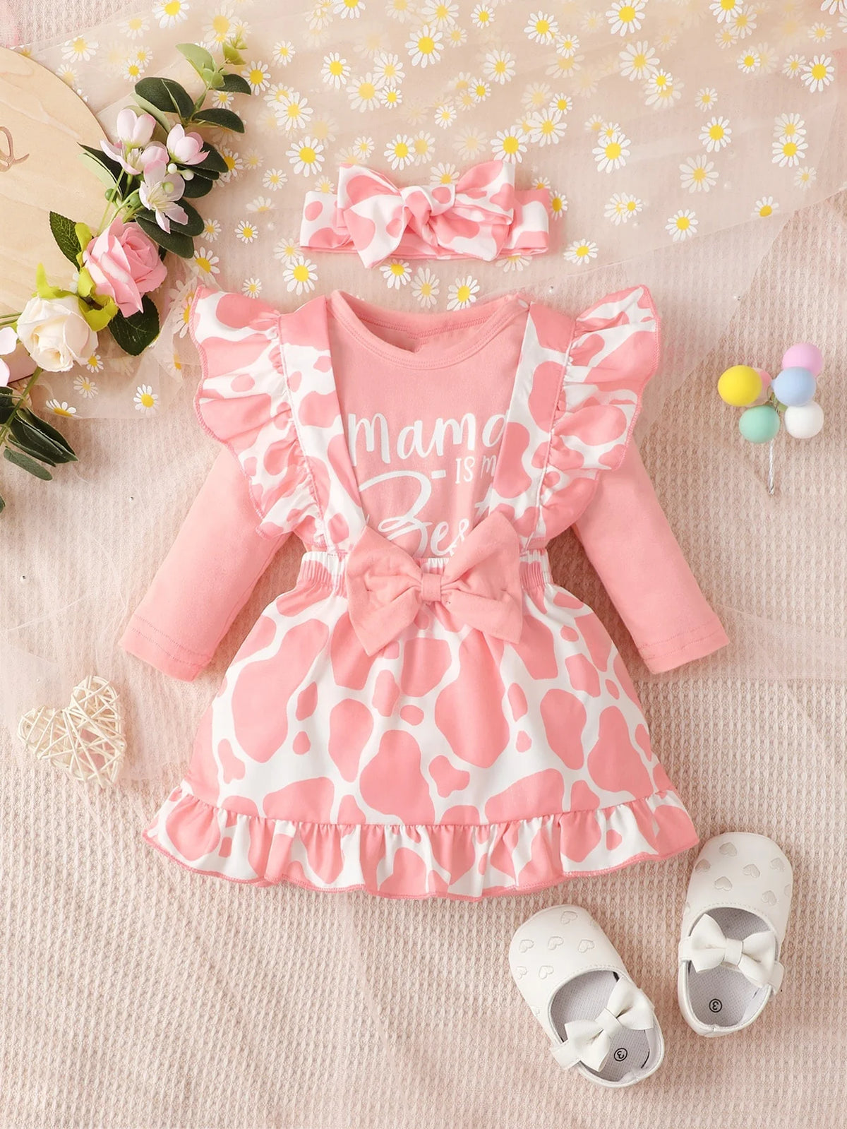 Baby Girl Cow Print Overall Dress Set - 3-Piece Outfit