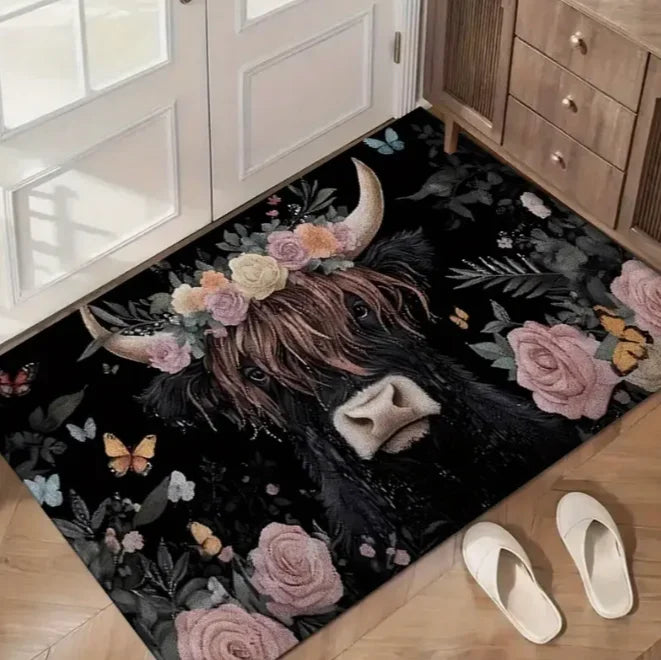 Enchanting Highland Cow Floral Welcome Mat