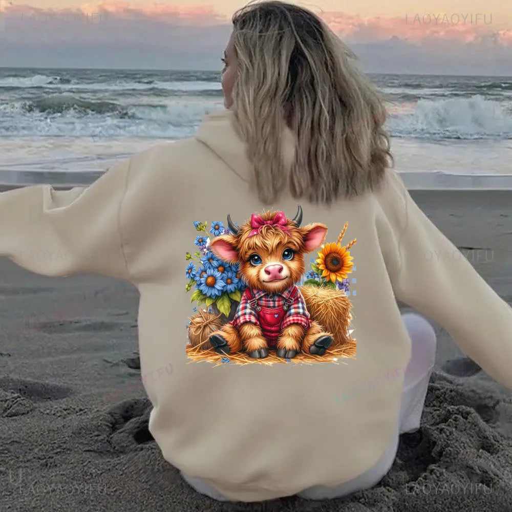• : Highland Cow Print Hoodie for Women – Alphabet & Animal Pattern Sweatshirt with Pocket