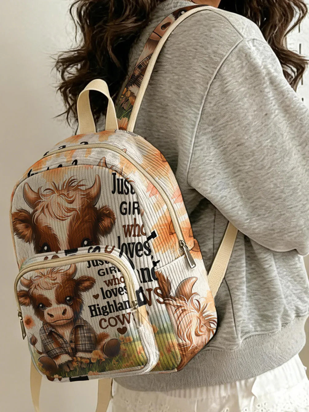 Highland Cow Corduroy Backpack - Large Capacity Commuter Bag
