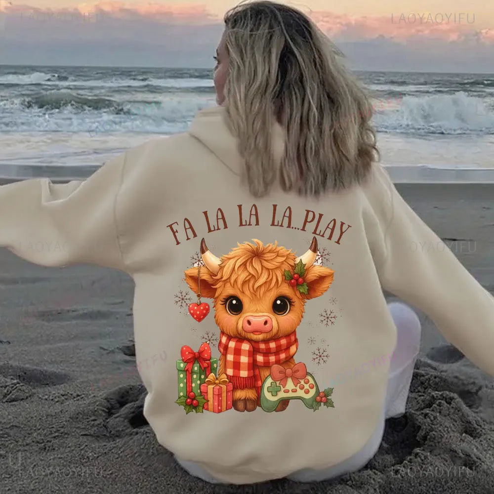 • : Highland Cow Print Hoodie for Women – Alphabet & Animal Pattern Sweatshirt with Pocket