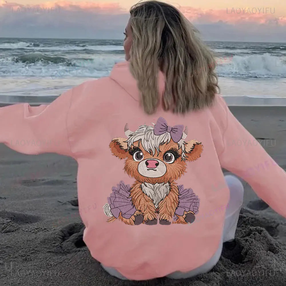 • : Highland Cow Print Hoodie for Women – Alphabet & Animal Pattern Sweatshirt with Pocket
