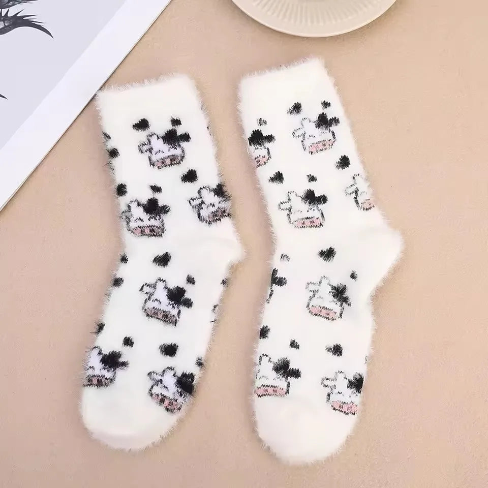 Cute Cartoon Cow Mink Velvet Socks – Soft Plush Winter Sleep Socks