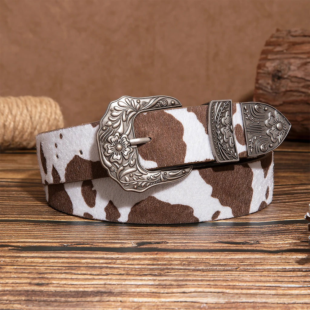 Vintage Floral Western Cowgirl Belt with Cow Buckle in Brown Cow Print
