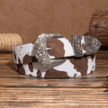 Vintage Floral Western Cowgirl Belt with Cow Buckle in Brown Cow Print