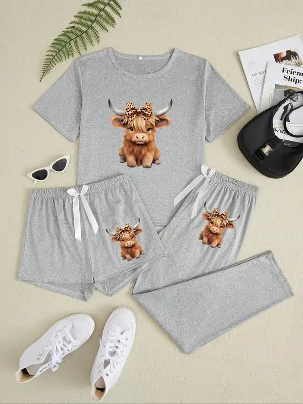 Cute Cartoon Highland Cow Pajama Set - Fitted Knit Sleepwear