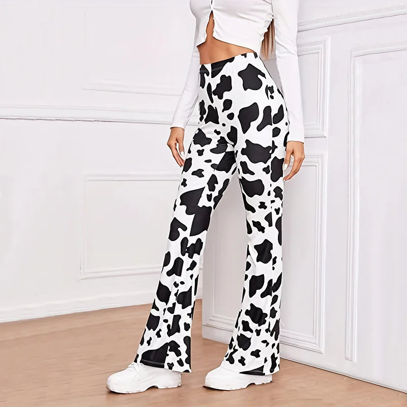 Cow Print Bell Bottom Pants - High-Waist Elastic Flare Leggings