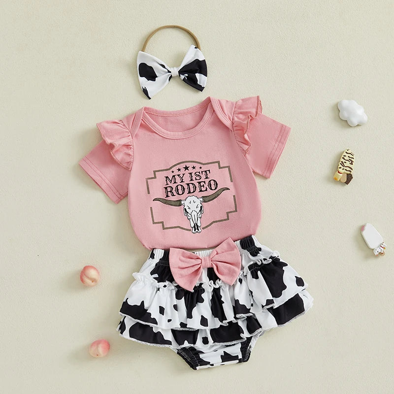 Baby Girl Western Romper & Cow Print Ruffle Shorts Set