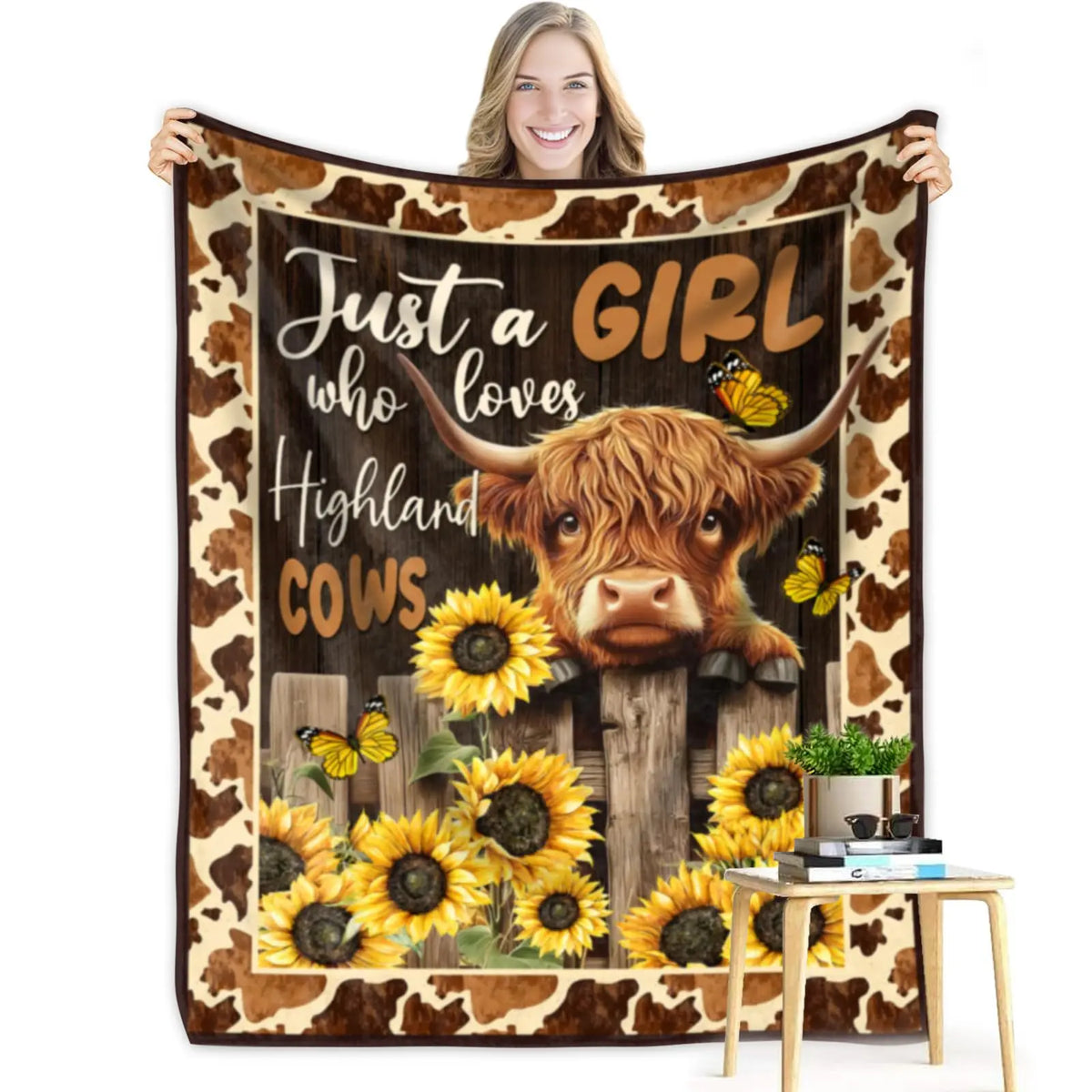 Highland Cow & Brown Floral Cozy Flannel Blanket | Farmhouse Throw