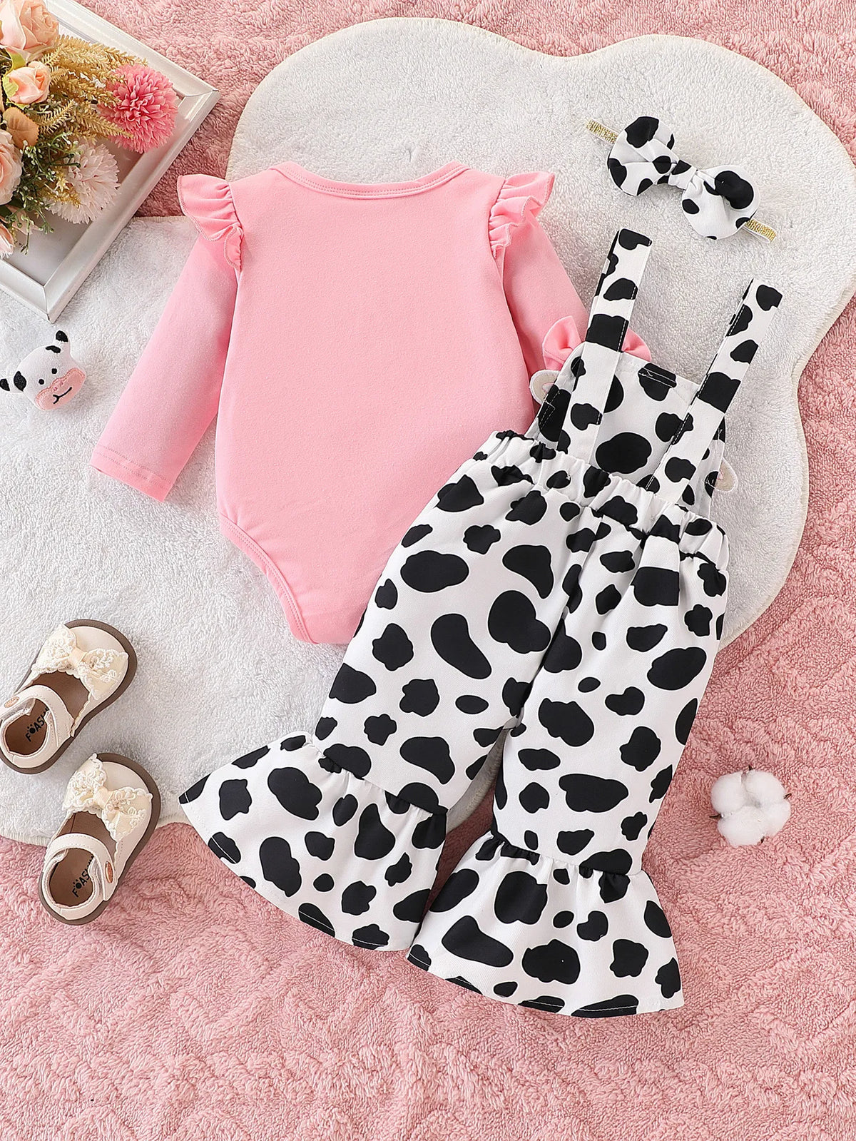 Baby Girl Cow Print 3-Piece Flared Overall Set
