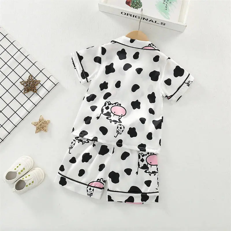 Kids Cartoon Cow Pajama Set – Short Sleeve Top & Pants Sleepwear
