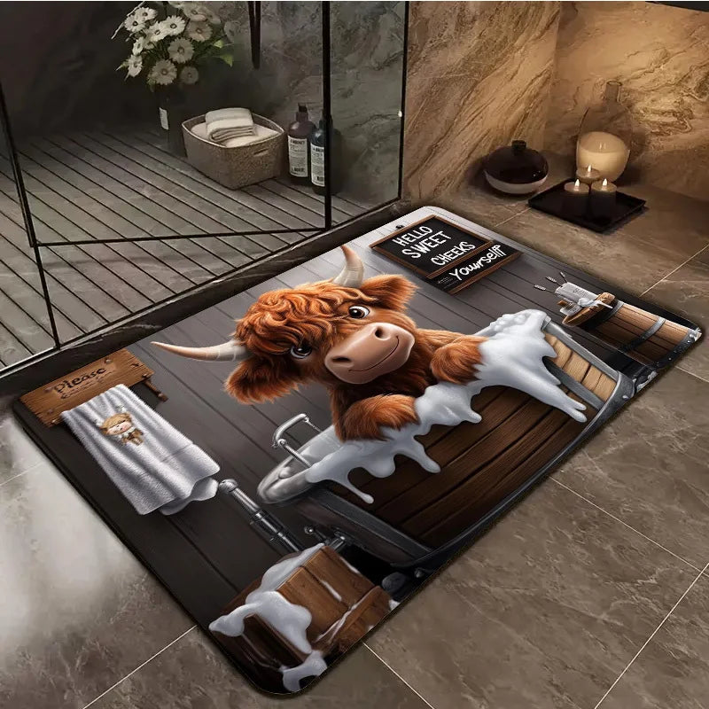 Highland Cow in Bath Tub Rug | Washable Soft Bathroom Mat