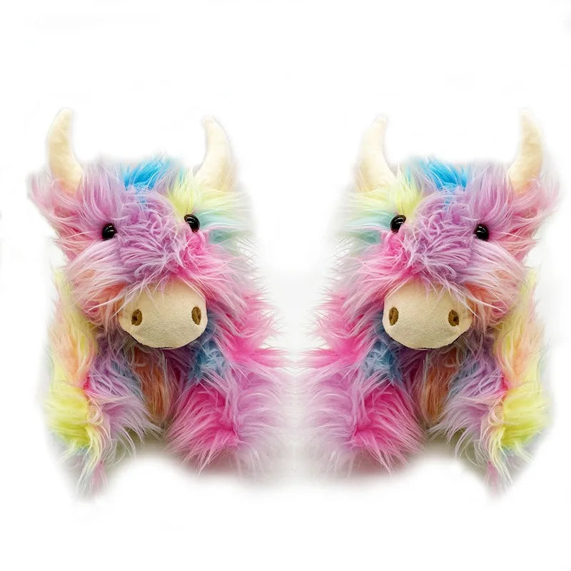 Fluffy Highland Cow Slippers - Warm Indoor Plush Slides