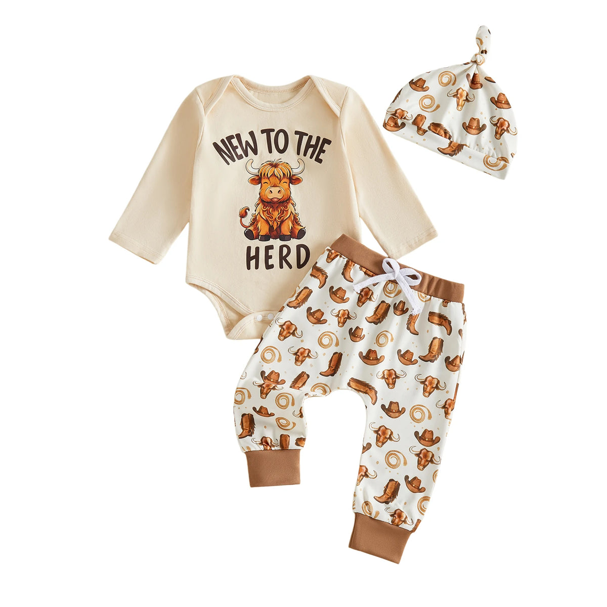 Baby Boy Letter Romper & Cow Print Pants Set with Matching Hat