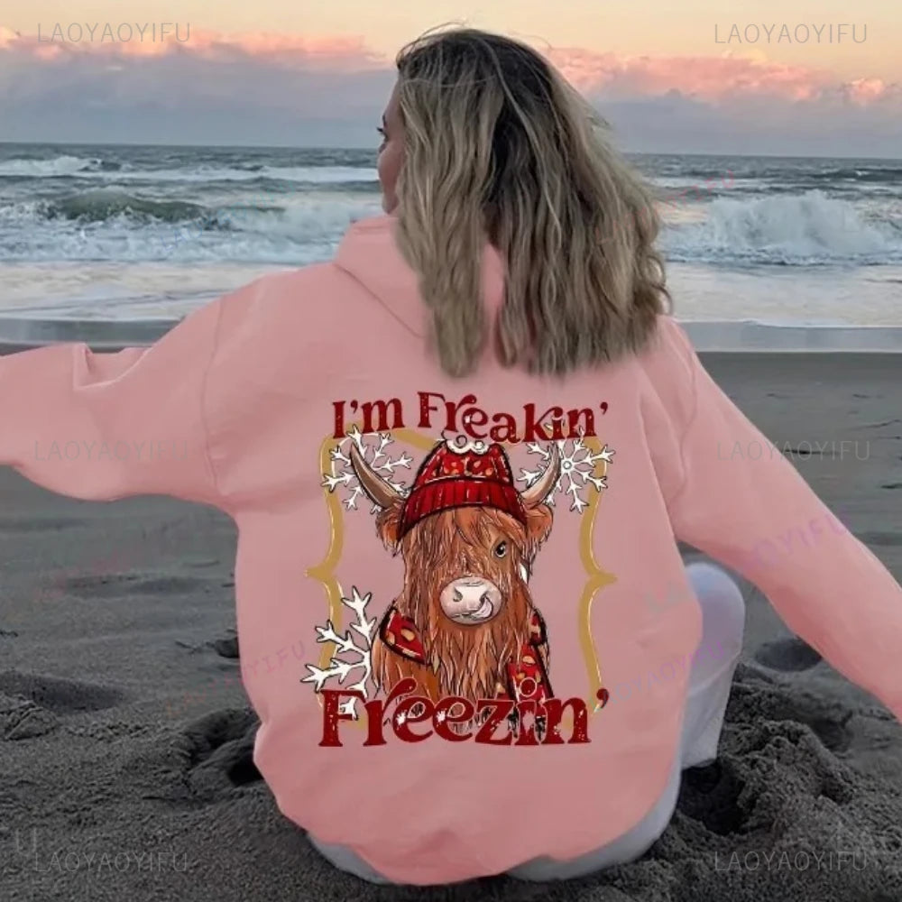 • : Highland Cow Print Hoodie for Women – Alphabet & Animal Pattern Sweatshirt with Pocket