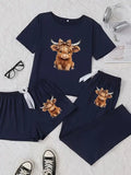 Cute Cartoon Highland Cow Pajama Set - Fitted Knit Sleepwear