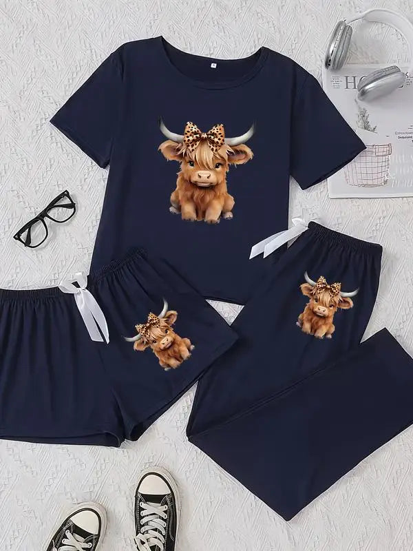 Cute Cartoon Highland Cow Pajama Set - Fitted Knit Sleepwear