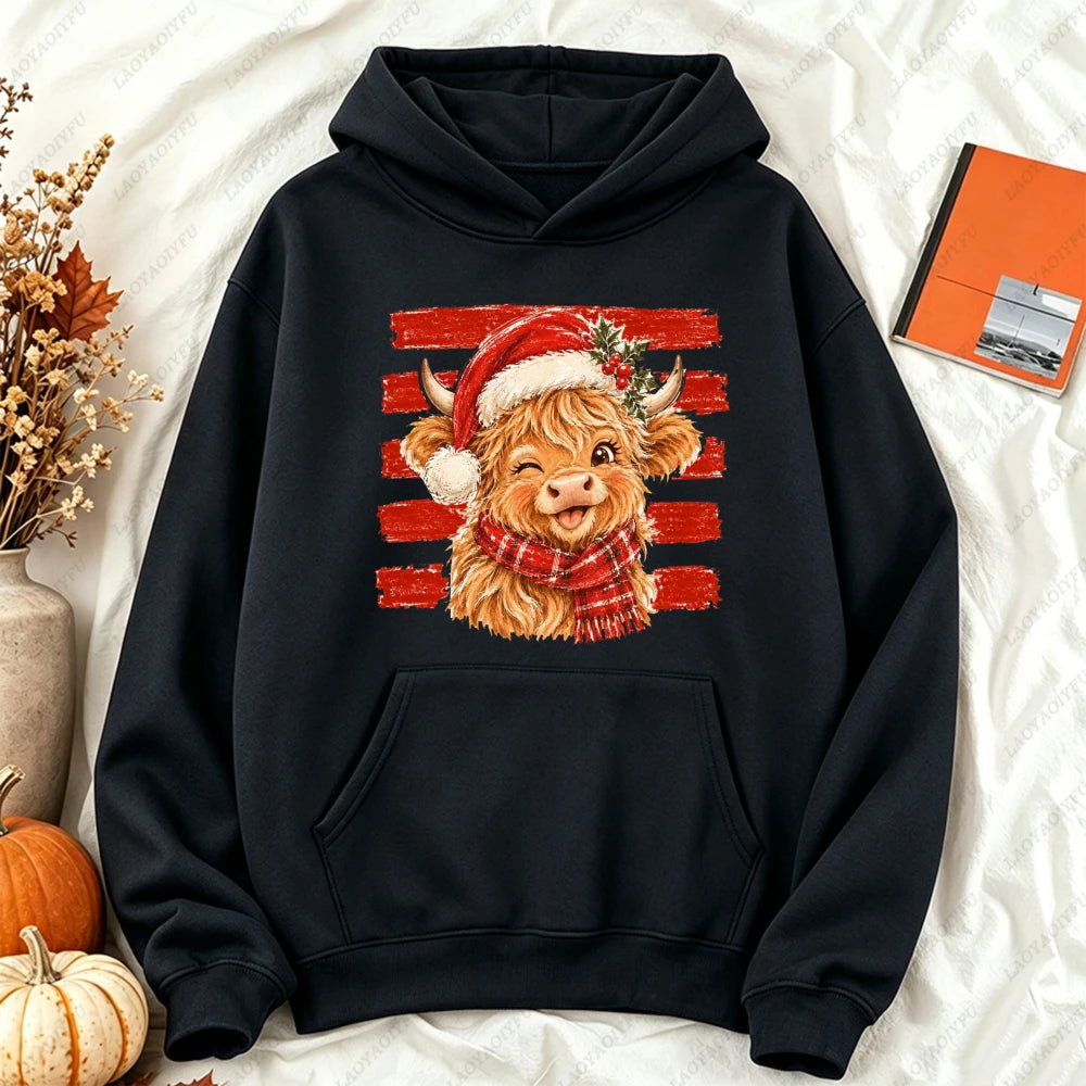 Cute Highland Cow Christmas Hoodie - Winter Holiday Pullover
