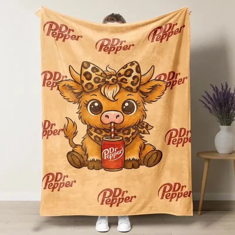 VIKAMA Dr Pepper Highland Cow Flannel Blanket | Cozy Warm Throw