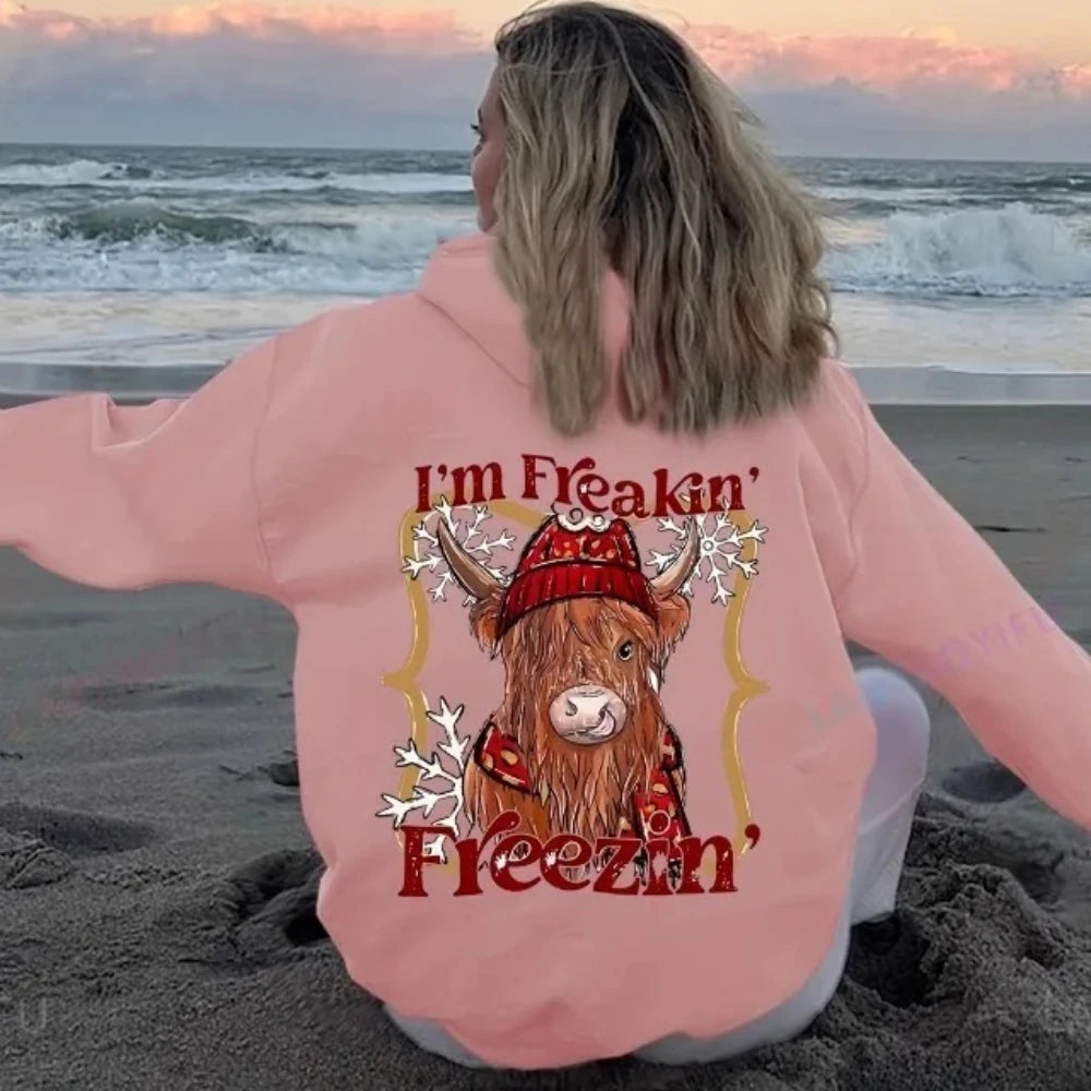 • : Highland Cow Print Hoodie for Women – Alphabet & Animal Pattern Sweatshirt with Pocket
